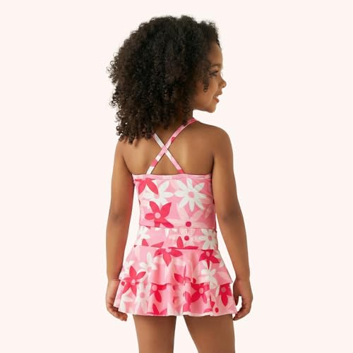 Image of DREAM BUS Toddler Girls One Piece Criss-Cross Straps Swimsuits with Tiered Ruffle Skirt Girls Bathing Suit Summer Swimwear