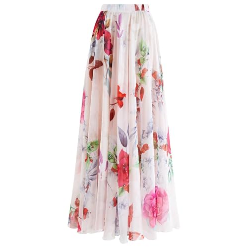 CHICWISH Women Blooms Rose Printed Chiffon Maxi Skirt Casual Flowy