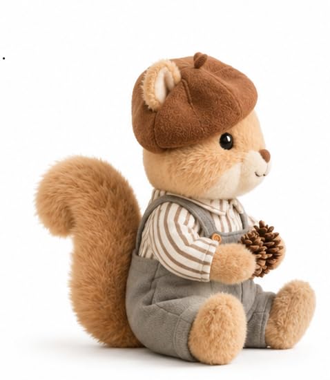 Image of Cuddles Squirrel Soft Toy Plush, Cute Stuffed Animal with Beret Hat and Overalls, Holding Pine Cones Size 30 cm