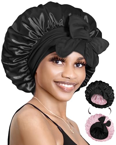BONNET QUEEN Silk Bonnet for Sleeping Satin Bonnet with Tie Hair Wrap Double Layer Sleep Cap for Women Curly Hair, Black Pink