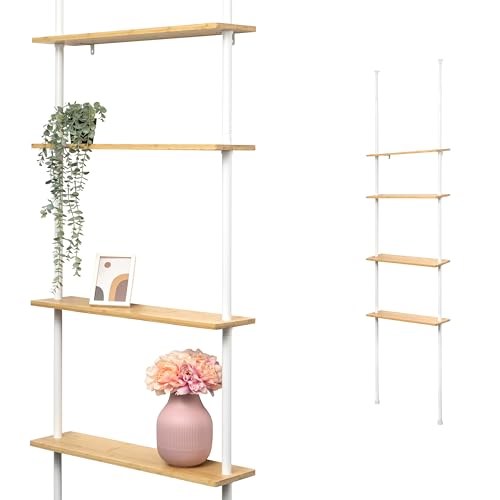 bremermann Étagère Murale télescopique avec 4 étagères en Bambou, Polyvalente dans Le Salon, Le Couloir, la Salle de Bain, Le Bureau ou la Cuisine (Blanc)