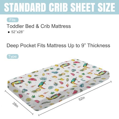 Image of Watercolor Summer Toucan Baby Crib Sheets 52''x28'' Lemon Pineapple Watermelon Tropical Leaves Snug Fitted Crib Mattress Sheet for Boy Girl Soft Nursery Bed Sheets for Standard Crib Toddler Mattress