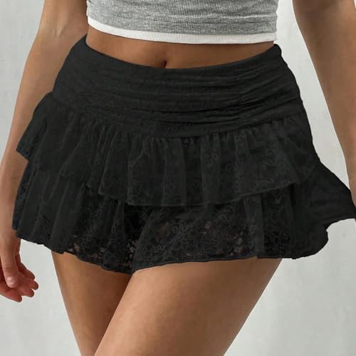 Women Flowy Lace Mini Skirt Layered Ruffle Hem Short Skirt Sheer Mesh Tiered Skirts Going Out Streetwear4