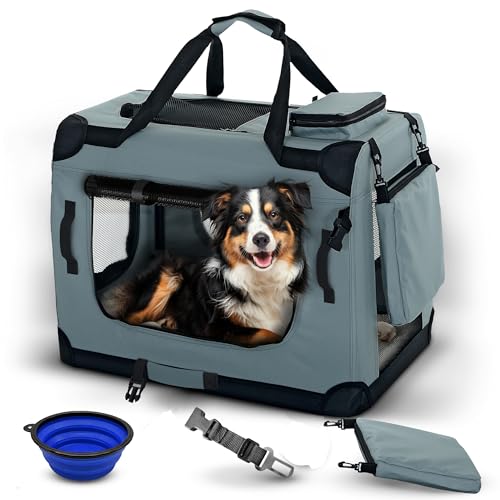 PET VIOLET Hundebox Hundetransportbox faltbar & robust für Auto & Reise 70×52×50 cm - atmungsaktive Transportbox Transporttasche für Hunde & Katzen Stoffbox Tragetasche Grau