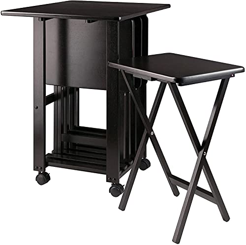 Image of Sophia 5-Piece Snack Tray Table Set Compact Design with Built-in Handles for Small Spaces Foldable Sturdy and Versatile Wooden Surface 23.39 D X 28.19 W X 33.94 H, Coffee Finish