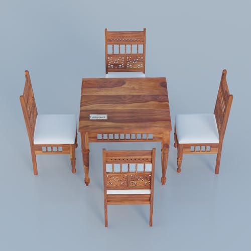 Image of Dining Table 4 Seater | Solid Sheesham Wood Four Seater Dining Table Set with 4 Cushioned Chairs | Rectangular Dinner Table for Home, Kitchen & Living Room, Honey Finish