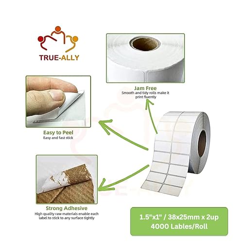 Image of True-Ally 38x25mm Barcode Labels /Stickers, Chromo Plain White Sticker, 1 Inch Core, Inside Winding, No Gap, 2-Up, Strong Adhesive 4000 Labels /Roll - Compatible with Zebra, TSC, WEP (Pack of 1)