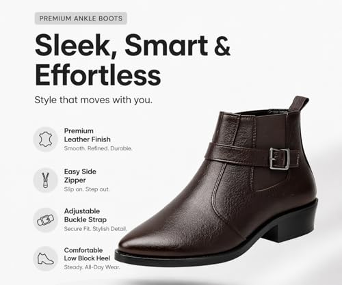 Image of Kraasa Men's Synthetic Leather Ankle Boots with Side Buckle Strap, Elastic Panel & Durable TPR Sole Casual & Formal Wear Boot