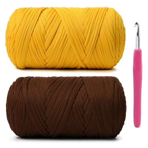 Image of 2 Pack Soft Tshirt Crochet Yarn, 800g /228yds High Elastic Hand Knitting Yarns, Thick T Shirt Yarn for Crocheting Bags, Baskets, Cushions, DIY Crafts(Coffee + Golden)