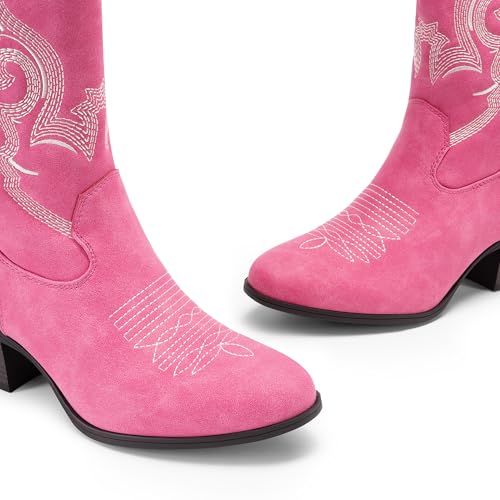 Image of DREAM PAIRS Mid Calf Cowboy Cowgirl Boots for Women | Round Toe Western Boots, Chunky Low Heel, Embroidery Boot, Country Music Festivals Theme Party