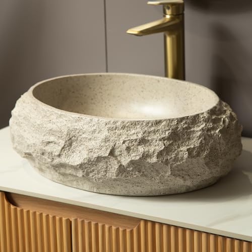 Ambrovina 18" Bathroom Sink, Irregular Oval Resin Vessel Sink with Stone Pattern, Artistic Style Basin, Modern Above Counter Basin, 17.72 x 15.75 x 5.91 inches, Beige Color