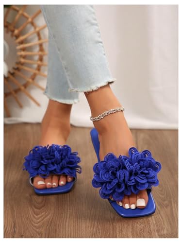 OYOANGLE Women's Flower Appliques Square Open Toe Slide Sandals Dressy Slip on Flat Sandal4