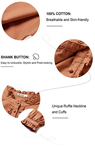 Image of SOLOCOTE Girls White Blouse Ruffle Long Sleeve Button Down Shirts Princess Cotton Loose Soft Tops Spring and Summer, 190903 11-12 Brown