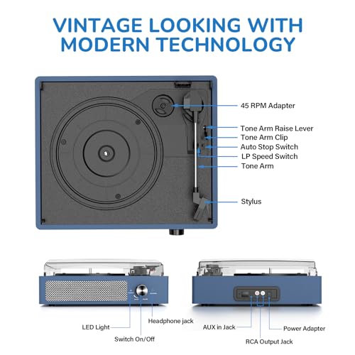 Image of Vinyl Record Player with 2 Stereo Speakers Belt-Driven Vintage Turntables 3 Speed 3 Size Wireless Bluetooth Playback AUX-in RCA Out Headphone LP Vinyl Players Auto Stop Frosted Purple