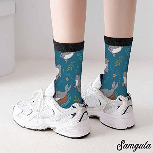 Image of Red Striped Crew Socks for Woman Size 6-8 Christmas Tree Moose Snowflake Dots Lines Girls Socks