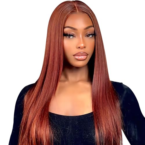 Image of ISEE Glueless Wigs Human Hair Pre Plucked Pre Cut Straight Reddish Brown Colored Lace Front Wig Human Hair 6x4 HD Lace Closure Wigs Human Hair Wigs for Women 180% Density 18 Inch