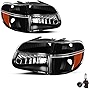 JSBOYAT Headlight Assembly Replacement with Bulbs for 1995-2001 Ford Explorer / 1997 Mercury Mountaineer Driver & Passenger Side w/ Corner Lights 4pcs (Black Housing with Amber Reflector)