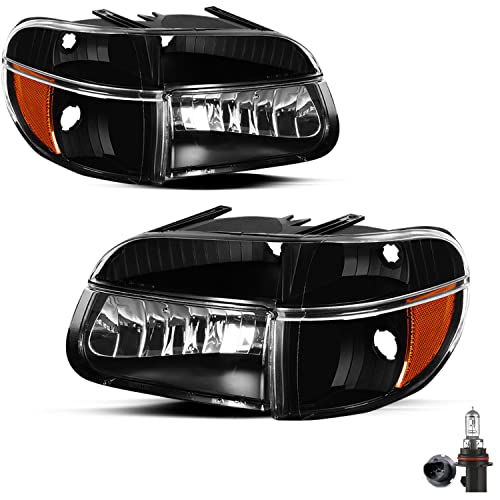JSBOYAT Headlight Assembly Replacement with Bulbs for 1995-2001 Ford Explorer / 1997 Mercury Mountaineer Driver & Passenger Side w/ Corner Lights 4pcs (Black Housing with Amber Reflector)