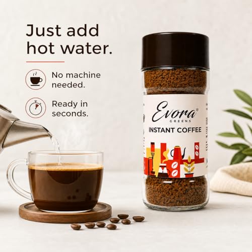 Image of Evora Greens Classic Instant Coffee | Arabica & Robusta Blend | Strong Aroma & Smooth Taste | Hot, Cold & Black Coffee | Makes 50 Cups | 100g Glass Jar