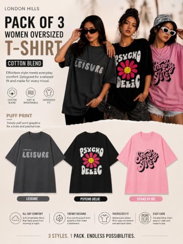 Image of London Hills Oversized Tshirt for Woman | t Shirt for Woman Oversized Fit Printed Round Neck | Tops for Woman's | Women t Shirt Loose Fit Drop Shoulder | t Shirts for Women | Western Tops