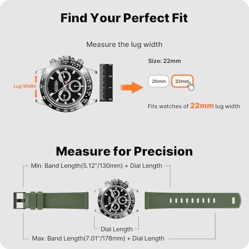 Fullmosa 2 Pack Silicone Watch Bands 20mm 22mm Quick Release Watch Straps for Men Women, Soft Rubber Replacement Band Compatible with Garmin Seiko Samsung Galaxy with Stainless Steel Buckle, Includes Spring Bar Tool,22mm,Black/Black-Army Green/Black Buckle - 4