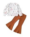 Renotemy Toddler Girl Clothes 2 Piece Fall Winter Outfits 2t Girl Clothes White Flower Knit Crew Neck Ruffle Long Sleeve Sweatshirts Bell Bottoms Flare Pants Clothing Set for Little Girls Size 2t 3t