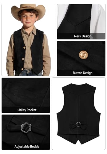 Image of Retro Boys Western Cowboy Vest for Kids Leather Suede Waistcoat | vintage dress vests, welt pockets, v-neck, adjustable waist, formal slim fit, wedding outfit, farm christmas birthday prom