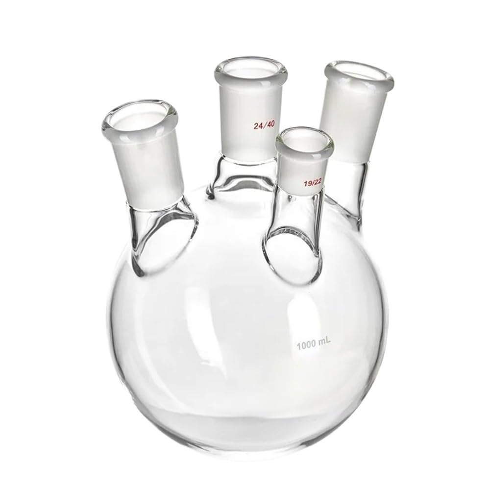 For laboratorio, frasco oblicuo de cuatro bocas de paredes gruesas, matraz de cuatro bocas de forma oblicua, capacidad 1000 ml, vidrio de borosilicato(1000mL-F2290091)