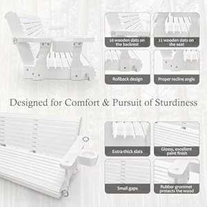 Wooden Porch Swing 3-Seater, Bench Swing with Cupholders, Hanging Chains and 7mm Springs, Heavy Duty 880 LBS, for Outdoor Patio Garden Yard (High Gloss White - 5 feet) Wooden Porch Swing 3 Seater Bench Swing with Cupholders Hanging Chains and 7mm Springs Heavy Duty 880 LBS for Outdoor Patio Garden Yard High Gloss White 5 feet
