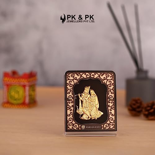Image of Pk & Pk Jewellers Radha Krishna Ji Table Top | 24KT Gold | Carving Frame | Medium Size (For Premium Gift, Office Desk, Car Dashboard, Table Decoration)