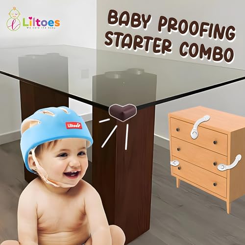 Image of Baby Safety Products Combo | LILTOES Baby Head Protector + Edge Guard + Cabinet Lock for Safety of Kids 6M to 3 Years | Baby Safety Helmet with Corner Guard Protection (Sky Blue+Corner+Cabinet)