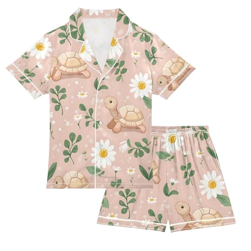 ALAZA Cute Turtle Flower Pajamas Satin Pajama Set Short Sleeve Button Down Sleepwear