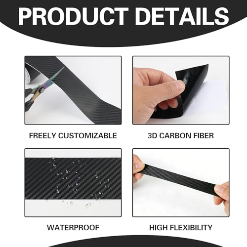 3PCS Carbon Folie, 5cm x 10m Einstiegsleisten Kohlefaser Aufkleber, Carbon Fiber Folie, Schwarz 3D Selbstklebend Schutzfolie für Auto, Zierstreifen, Kratzschutz