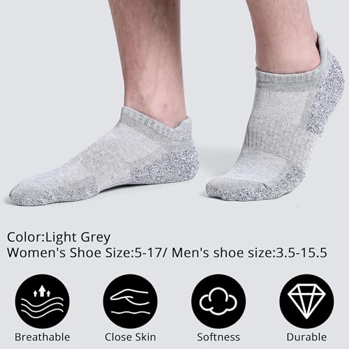 Cotton Cushioned Low Cut Running Socks for Men & Women, Ankle Socks Light Grey 6 Pairs Arch Support Breathable2