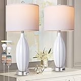 ROTTOGOON 27.5' Ceramic Table Lamp Set of 2 with USB Ports, 3-Color Temperature Tall Table Lamp with White Fabric Lampshade, Nightstand Modern Table Lamps for Living Room Bedroom (LED Bulbs Included)