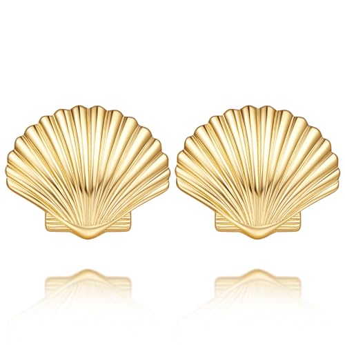 Gold Earrings for Women 14K Gold Studs Earrings for Women Stud Shell Earring for Womens Studs Realistic Shell Texture Stud Earring for Womens 23.5mm