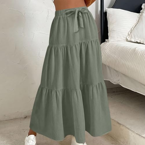 Army Green Summer Skirts for Women UK Long Pleated Skirts Casual Midi Dresses Elasticated Waist A Line Swing Skirt Elegant Long Dresses Tiered Maxi Skirt for Holiday Beach Work Office - Image 4
