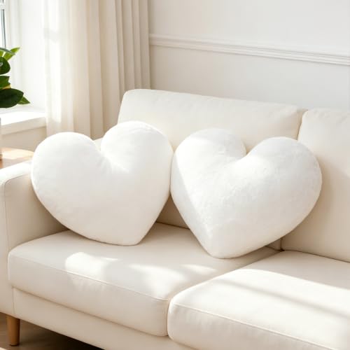 16 Inch White Heart Throw Pillows 2 Pack Cute Fluffy Soft Aesthetic Decorative Heart Pillows for Women Room Decor for Bed Couch Bedroom Living Room Ideal Valentines Gift (Milk White 16x13.78)