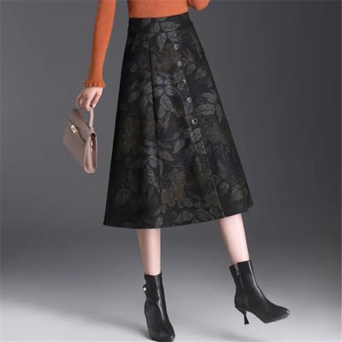 Women's High-Waisted Printed Button-Decorated Plaid Wool Midi Slim-Fit A-Line Skirt3