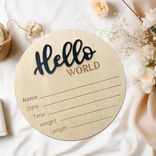 Image of Baby Announcement Sign, 5.9 Inch Wooden Hello World Newborn Signs, Birth Announcement Sign, Baby Shower Hospital Nursery for Newborn Boys and Girls (Black,Pen)