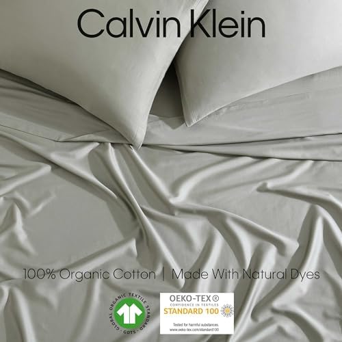 Calvin Klein - Queen Bed Sheets, 100% Organic Cotton Sateen Bedding Set with Deep Pockets, 300-Thread Count Silky Bedding Essentials (Organic Earth Dusty Olive, Queen)