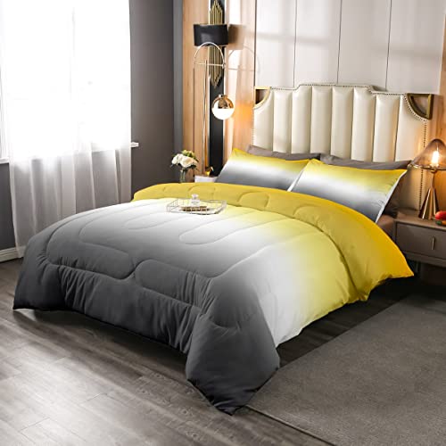 Ombre Comforter Set Yellow White Grey Bedding Set Full Size Colorful Gradient Down Comforter Modern Abstract Quilt Duvet Insert Soft Warm Lightweight Room Decor 1 Comforter With 2 Pillowcase