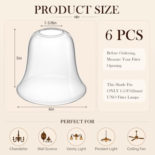 Image of Teenyyou 6 Pcs Clear Bell Shaped Glass Lamp Shade Replacement | Globe Ceiling Fan Light Cover with 1-5 /8'' (42mm) Fitter for Chandelier Wall Sconce Pendant Light Bathroom Vanity Fixture
