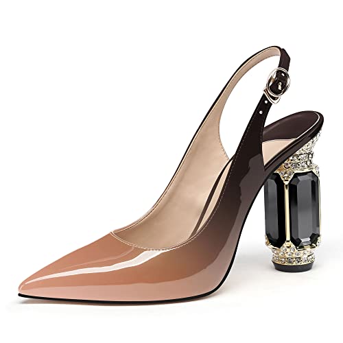 Image of JANSEVEN Women Chunky Heels Pumps Crystal Block Heels with Rhinestones Pointed Toe Sexy Gradient Patent Leather Slip on Bridal Party Wedding Dress Shoes 5-13 M US