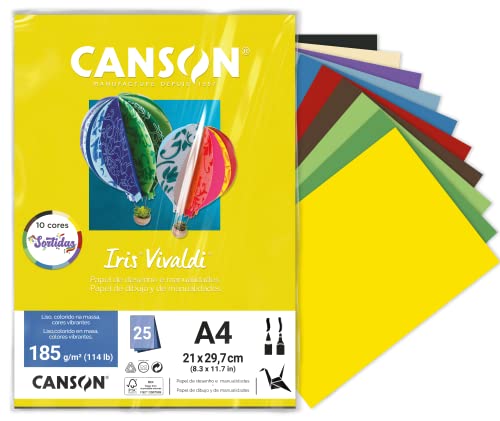 CANSON Iris Vivaldi, Papel Colorido A4 Sortido em Pacote de 25 Folhas Soltas, 10 Cores Sortidos