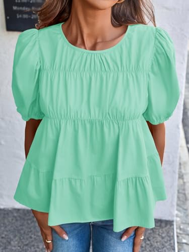 Image of Tankaneo Womens Puff Sleeve Peplum Babydoll Tops Summer Flowy Pleated Cotton T-Shirts Casual Loose Fit Cute Blouse
