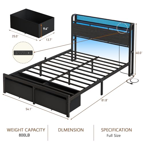 Image of Furnulem Full Size Bed Frame with Headboard Storage, Platform Bed Frame with Charging Station, 2 Drawers & LED Lights, No Box Spring Needed, Noise Free, Easy Assembly, Rustic Grey (1000 lbs Capacity)