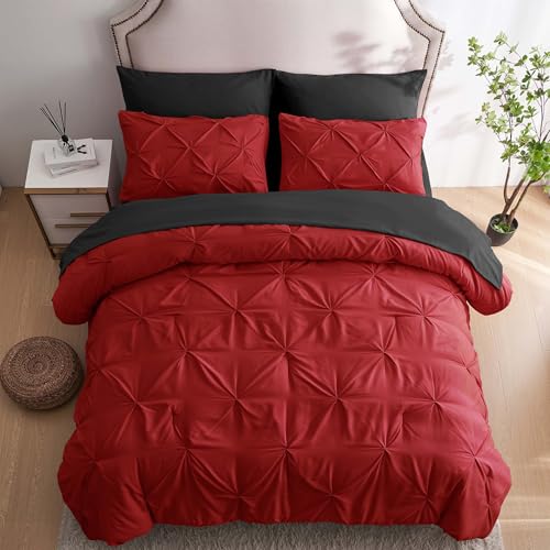 Ubauba 7pc Full Size Comforter Set with Sheets, Red and Black Pintuck 7 Pieces Bed in a Bag with Comforter, All Season Bedding Comforters & Sets (Red and Black,Full)