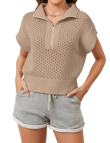 Image of Womens Spring Cap Sleeve Crochet Sweaters Loose Fit Quarter Zip Lightweight Hollow Out Beach Vacations Clothes