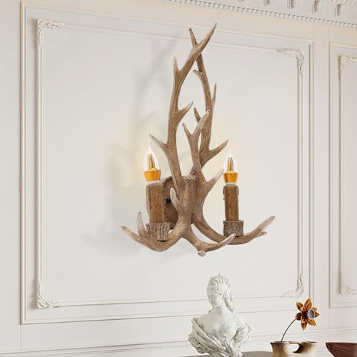 Image of Deer Antler Wall Light Wall Candle Sconces with E14 Base, Rustic Country Style Farmhouse Wall Light Fixtures for Bedroom Bathroom Hallway Entrance